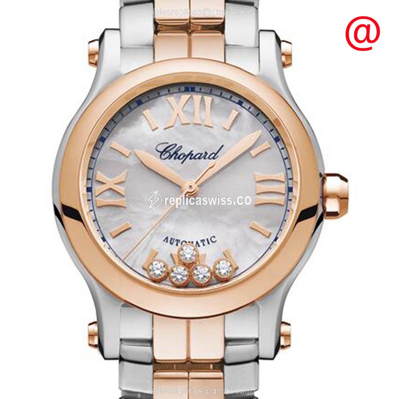 Chopard Happy Sport Replica - Auto - 18kt Rose Gold & Steel Case - Silver Dial - Gold Strap